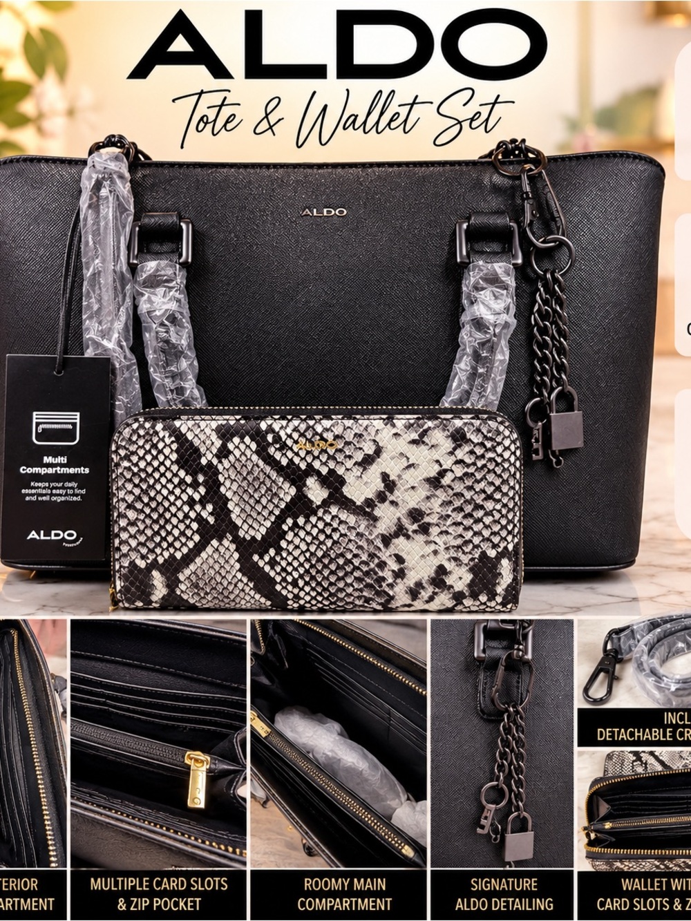 ALDO Black Tote with Black and Beige Snake-Print Wallet